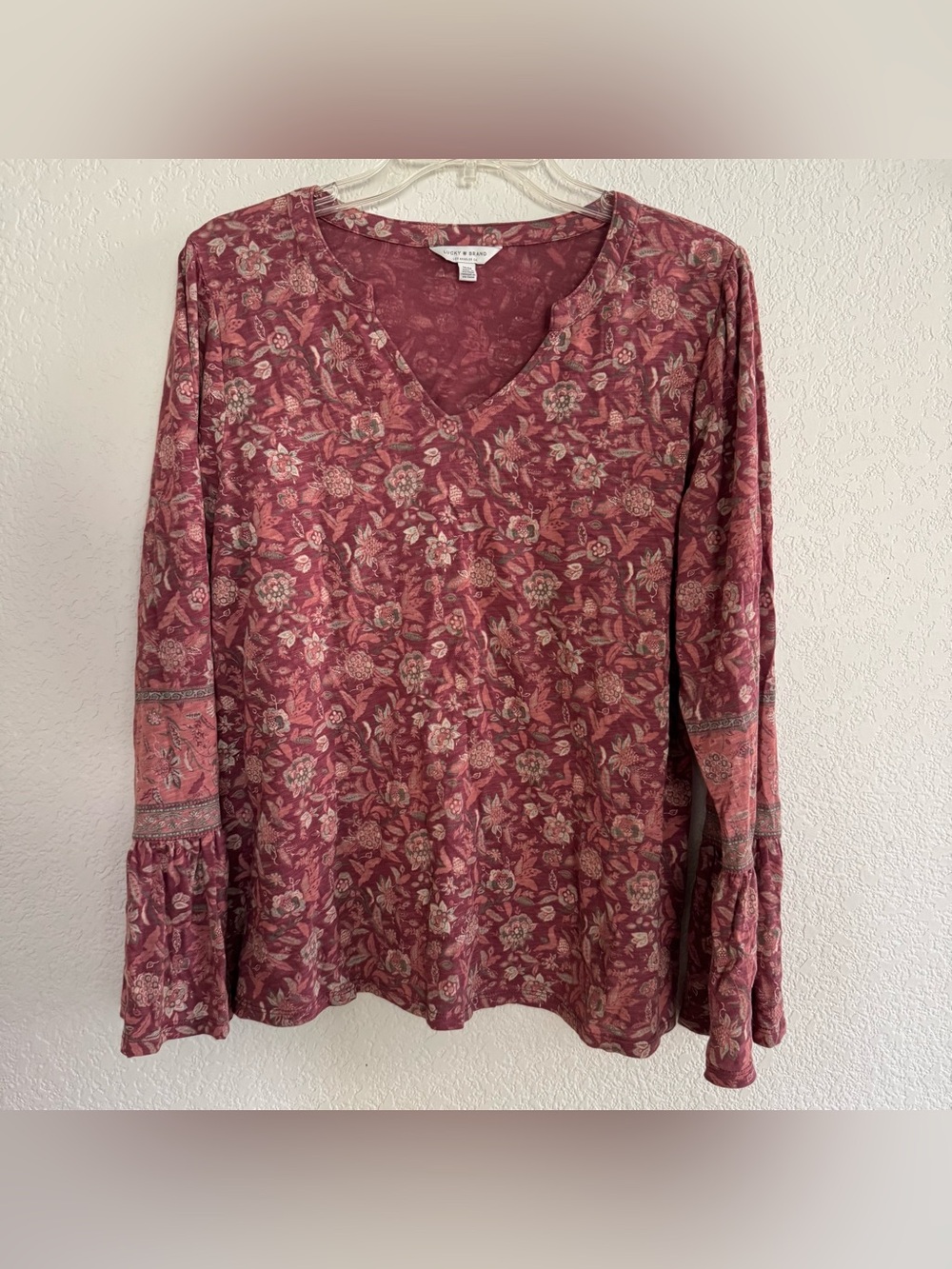 Lucky Brand Dusty Pink Boho Floral Top Prairie Cottage Earthy Bell Sleeves M